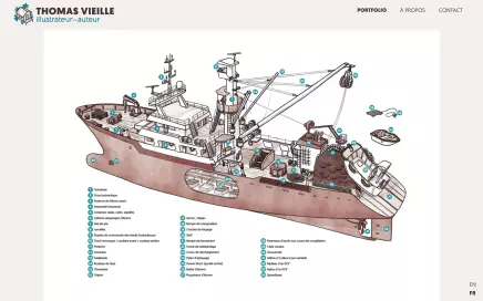 Portfolio minimaliste de l'illustrateur Thomas Vieille, mosa&iuml;que de projets, r&eacute;alisation Emmanuel Lechat